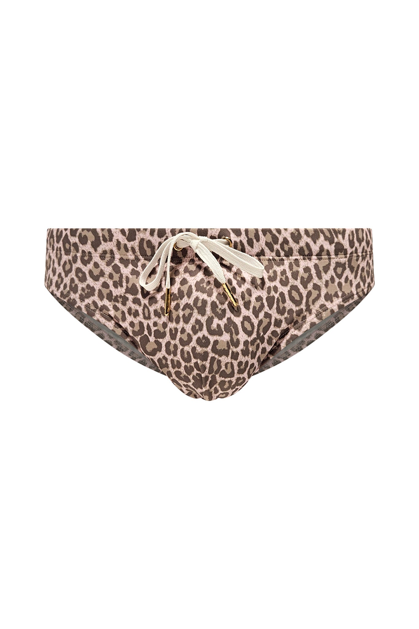 Men's speedo swimwear bottom in leopard print with pink hues on a white background