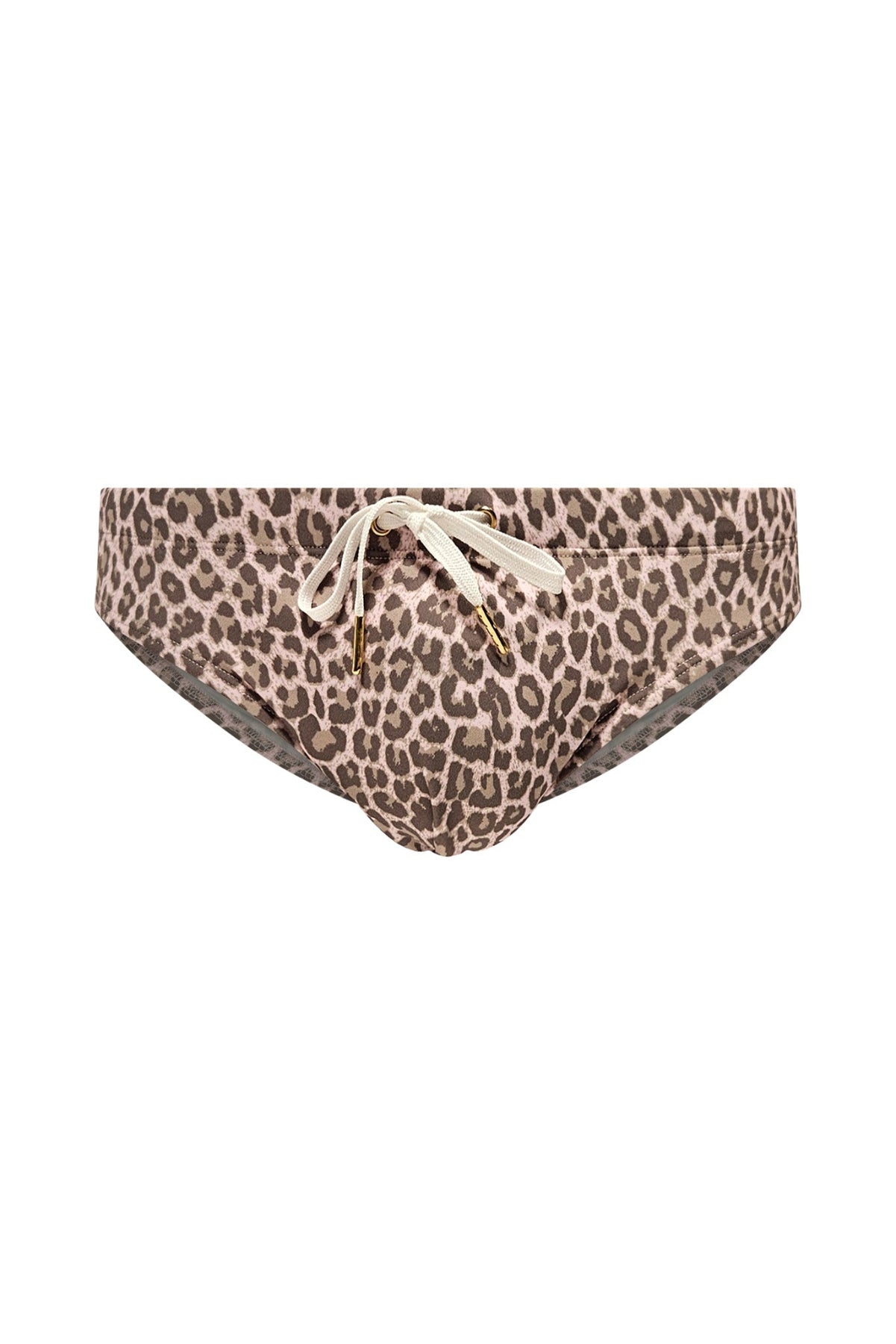 Men's speedo swimwear bottom in leopard print with pink hues on a white background