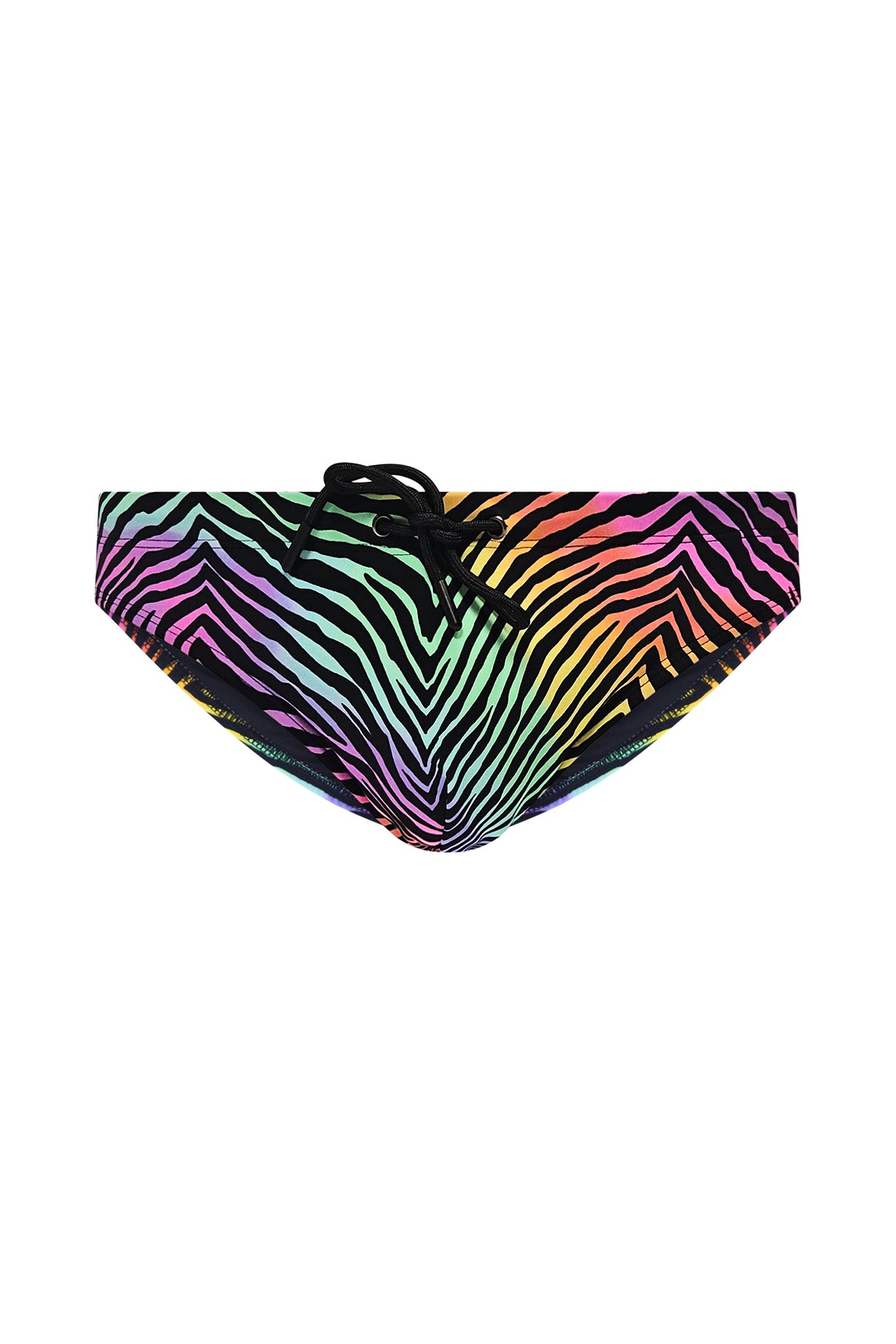 Multicolored zebra print men's swimwear bottom on a white background