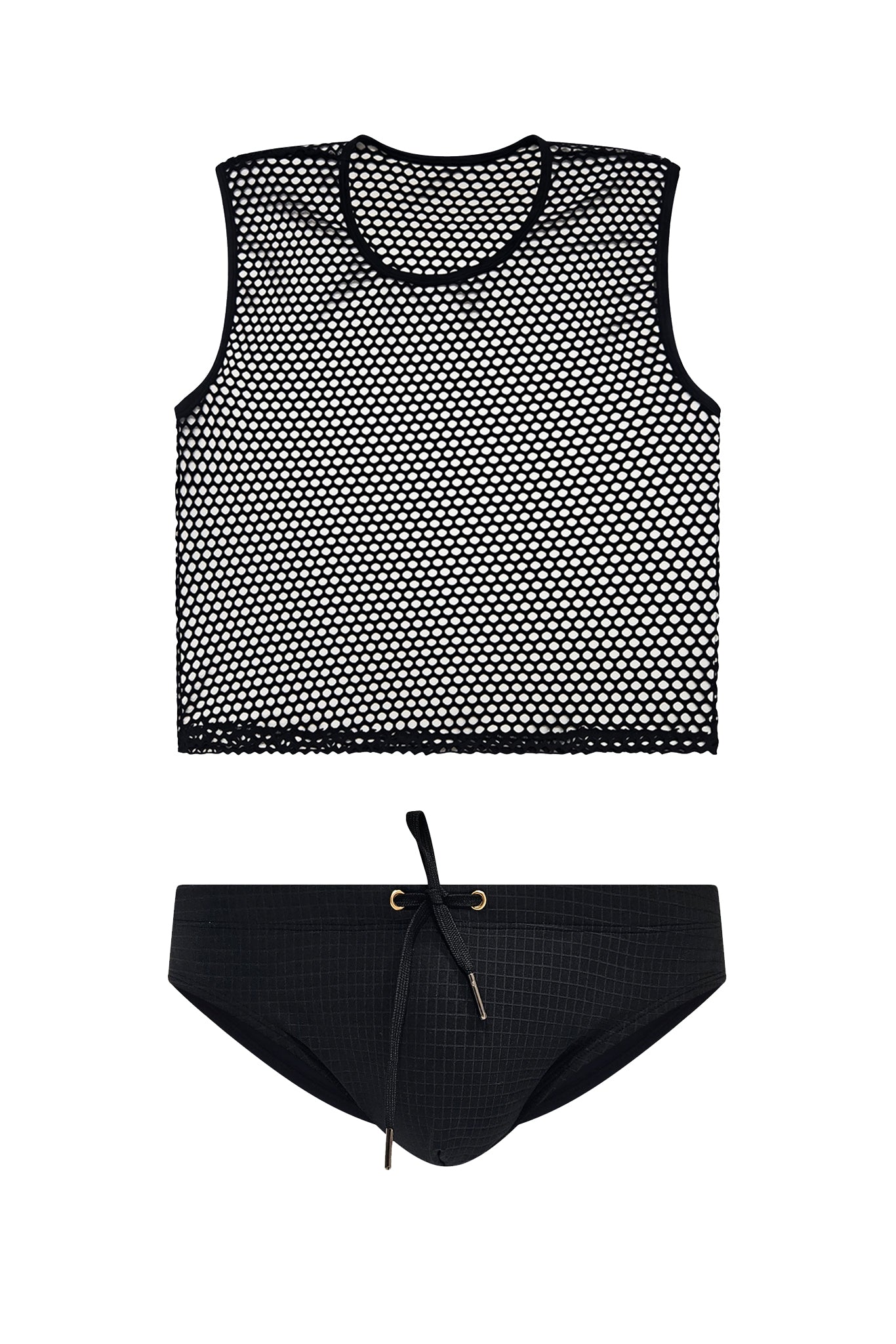 Black mesh tank top and low cut brief swimwear set on a white background
