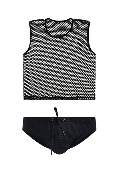 Black mesh tank top and low cut brief swimwear set on a white background